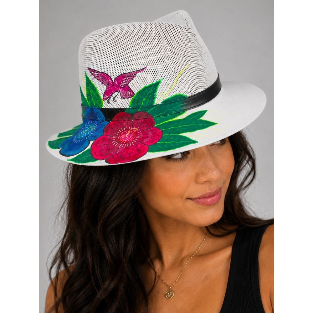 Mexico A\rtisan Hand Painted Floral Hummingbird White Fedora Panama Hat NWT